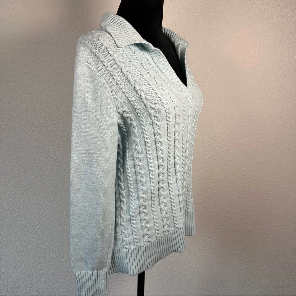 Talbots Cotton Cable Knit‎ Collared Sweater Light Blue Size M